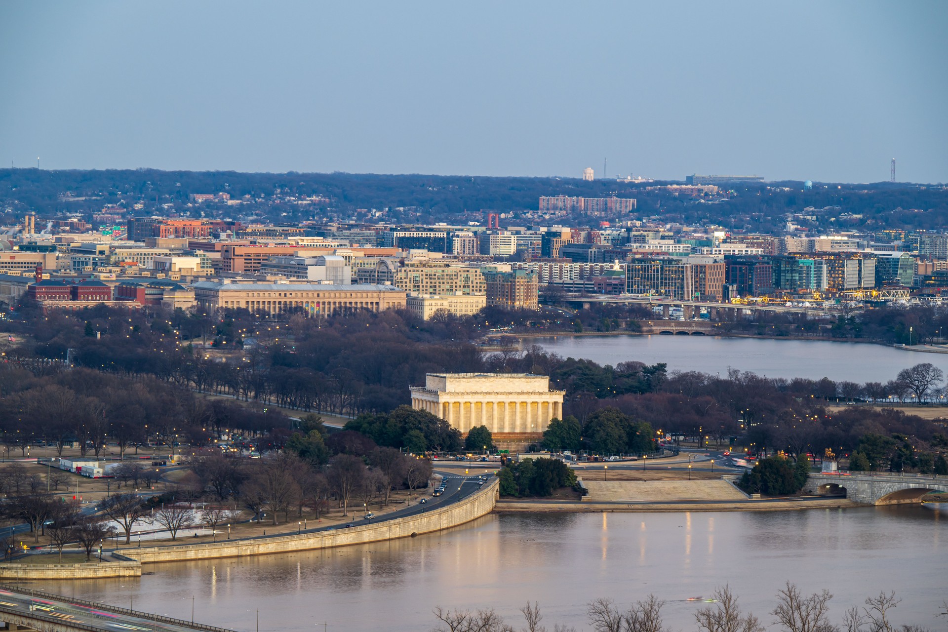 The urban skyline of Washington DC at dusk